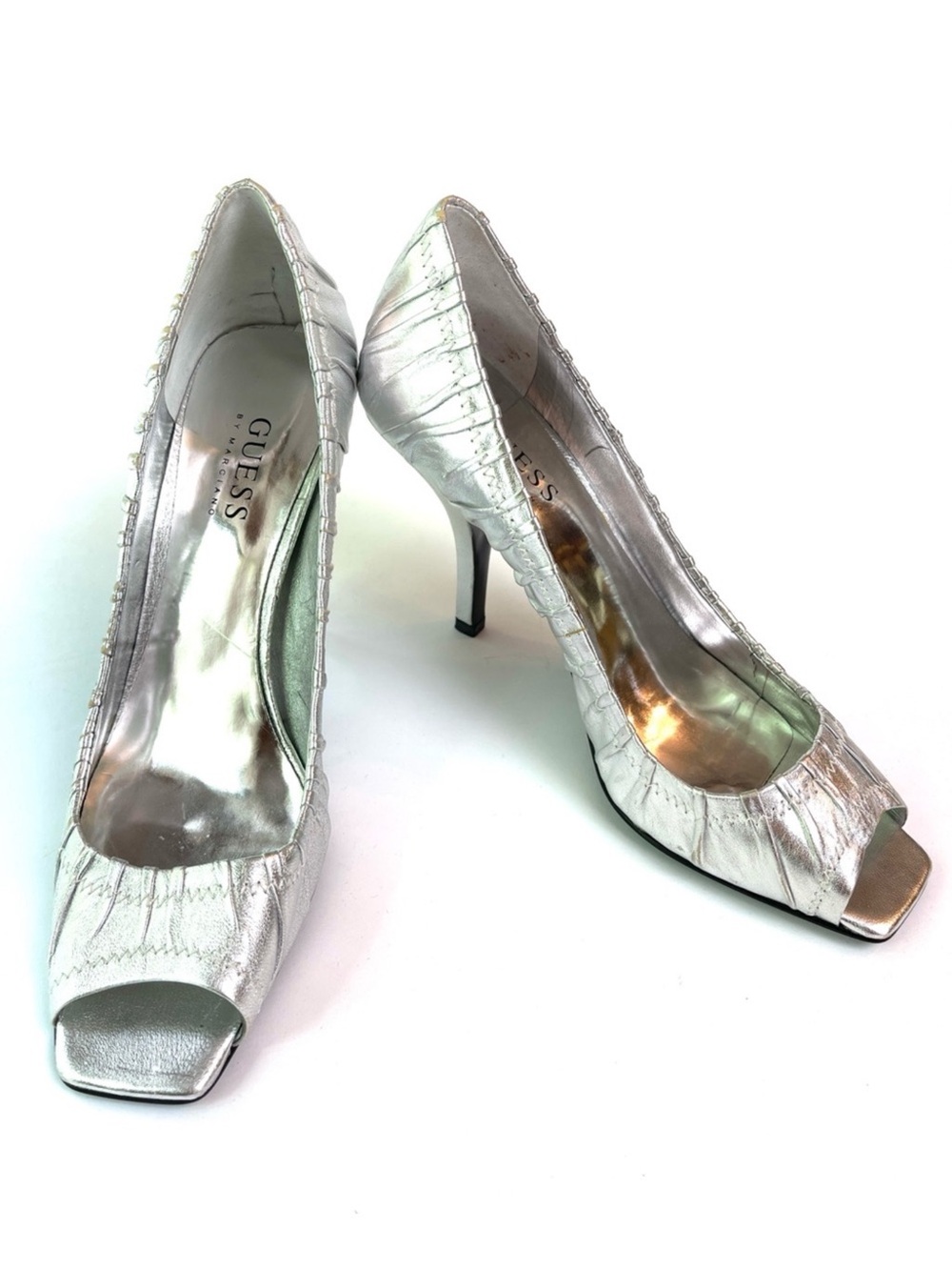 GUESS SILVER PEEP TOE HEELS